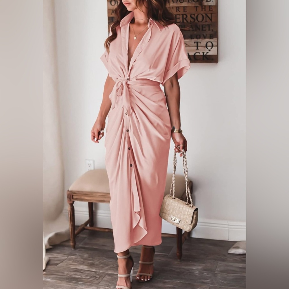 Elegant Pink Button-Down Satin Knot Midi Dress NWT